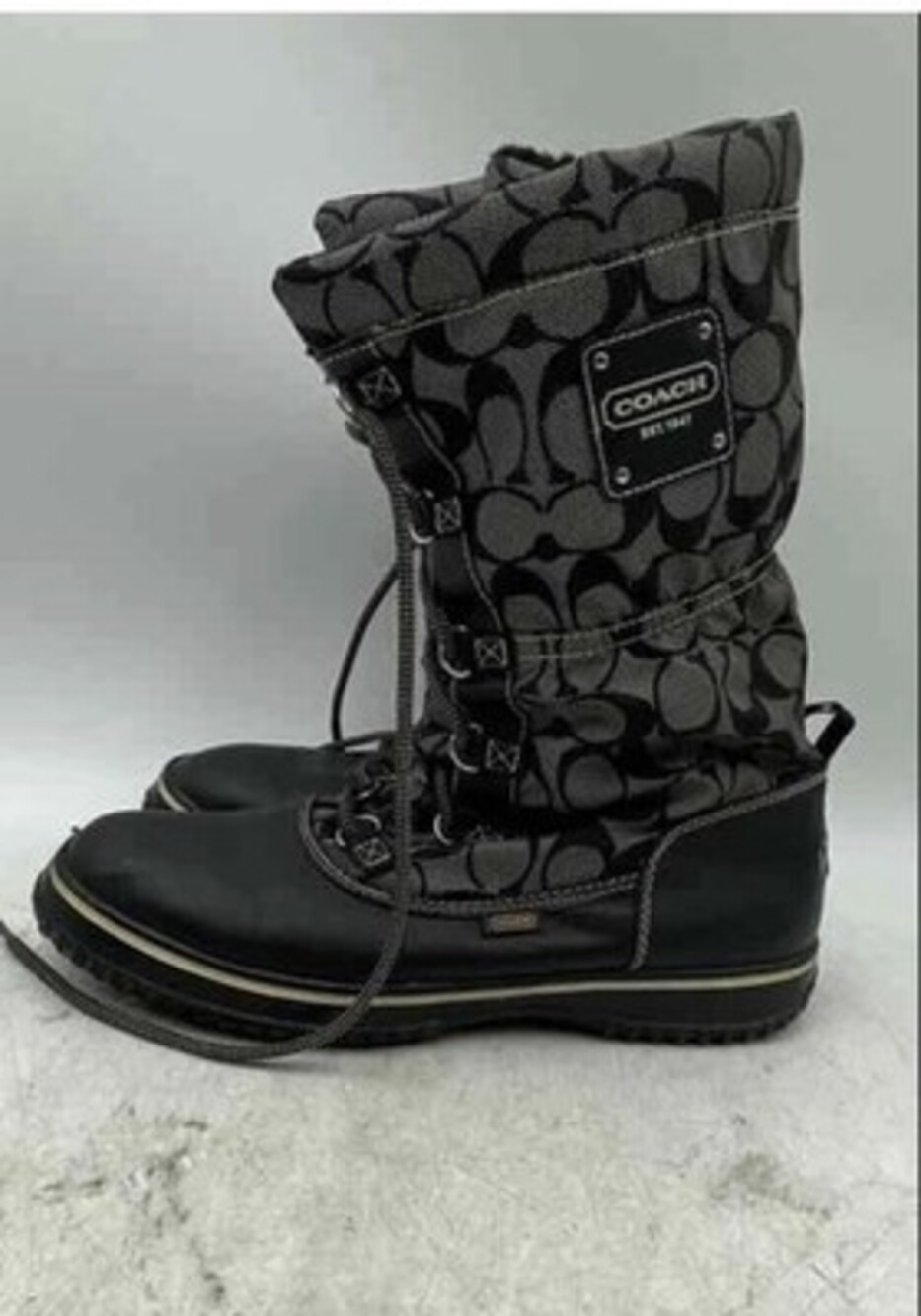 Coach Shaine Snow Boots, Lace Up, Signature Logo in Black & Gray, Women’s Size 9